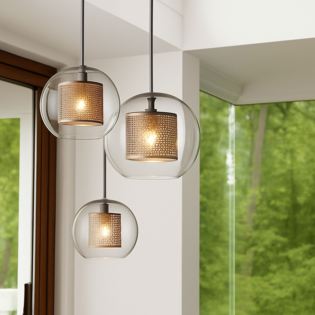 Suspension design LED avec abat-jour industriel et boule en verre Loft - vue 4 sur 19