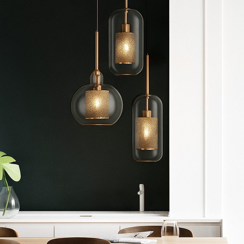 Suspension design LED en verre avec lampe doré