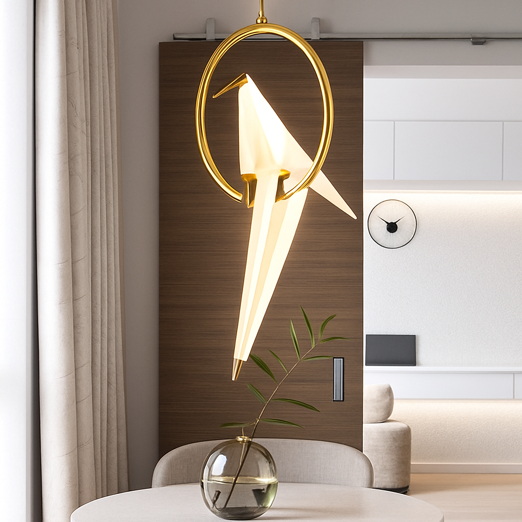 Suspension design LED oiseau dans cerceau doré