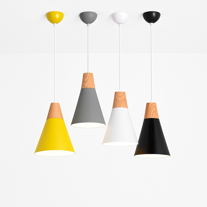 Suspension LED bois et aluminium en forme de cône