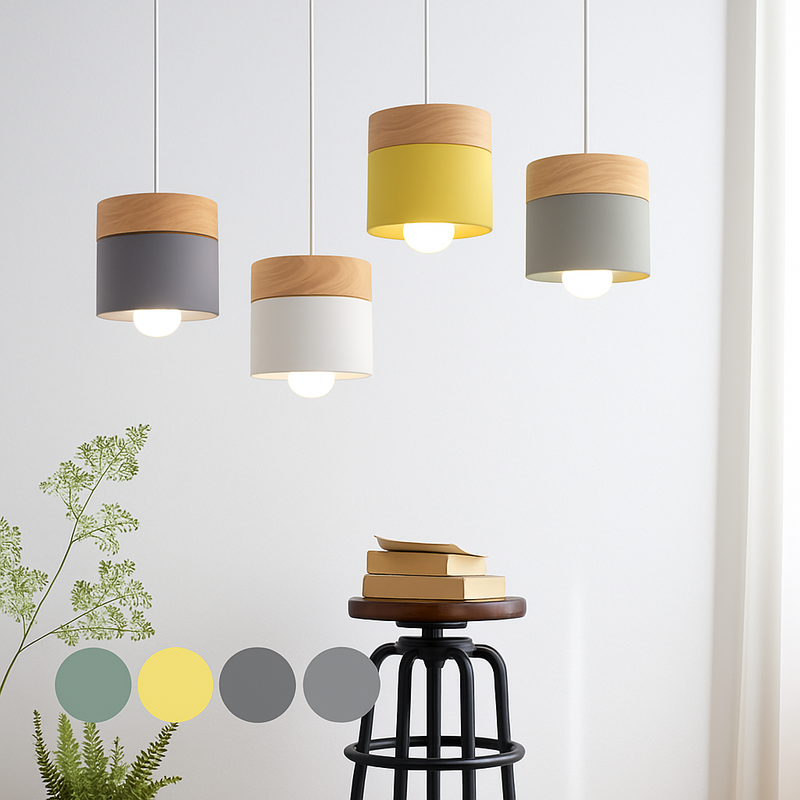 Suspension LED cylindrique en métal et bois Modern