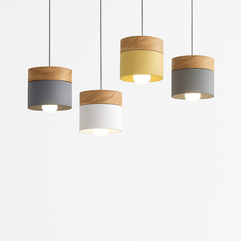 Suspension LED cylindrique en métal et bois Modern