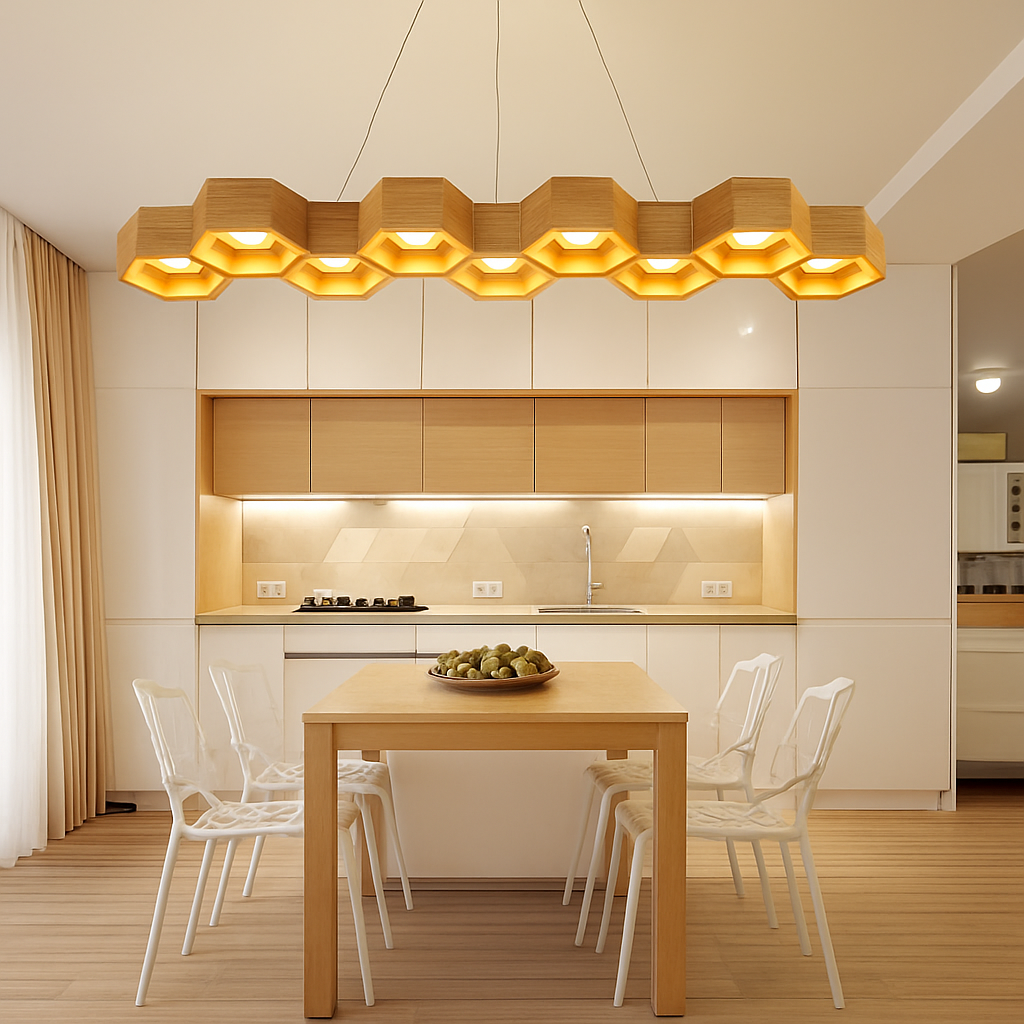 suspension LED en bois en forme de nid d'abeille créative et minimaliste