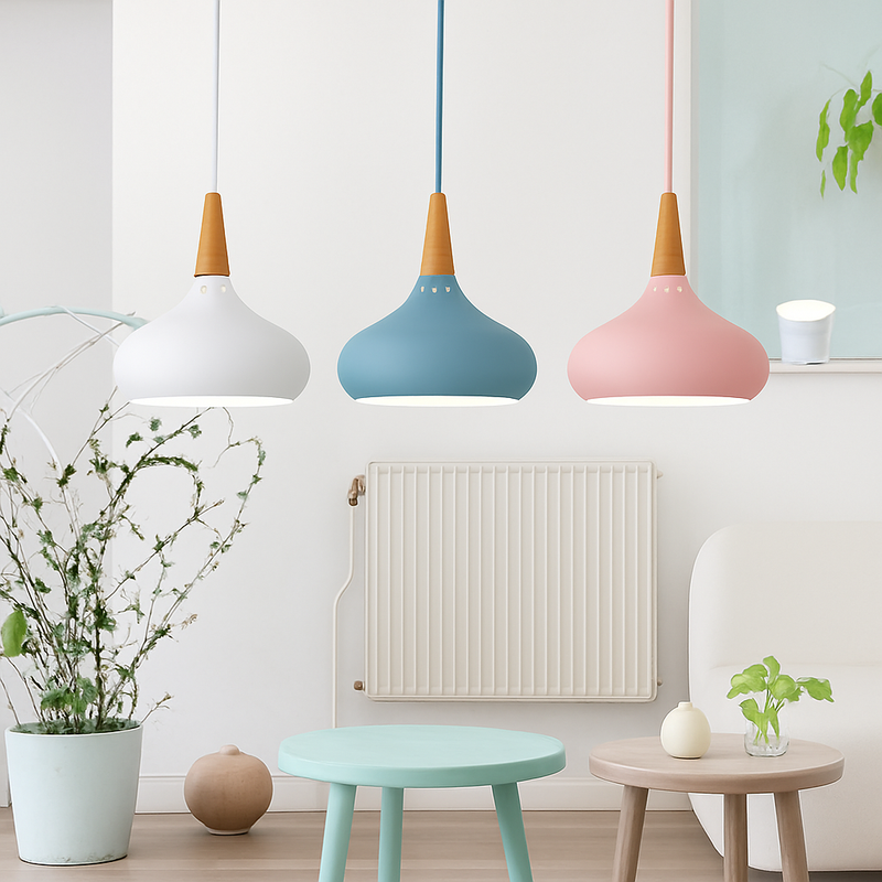 Suspension LED en métal et tige en bois Loft