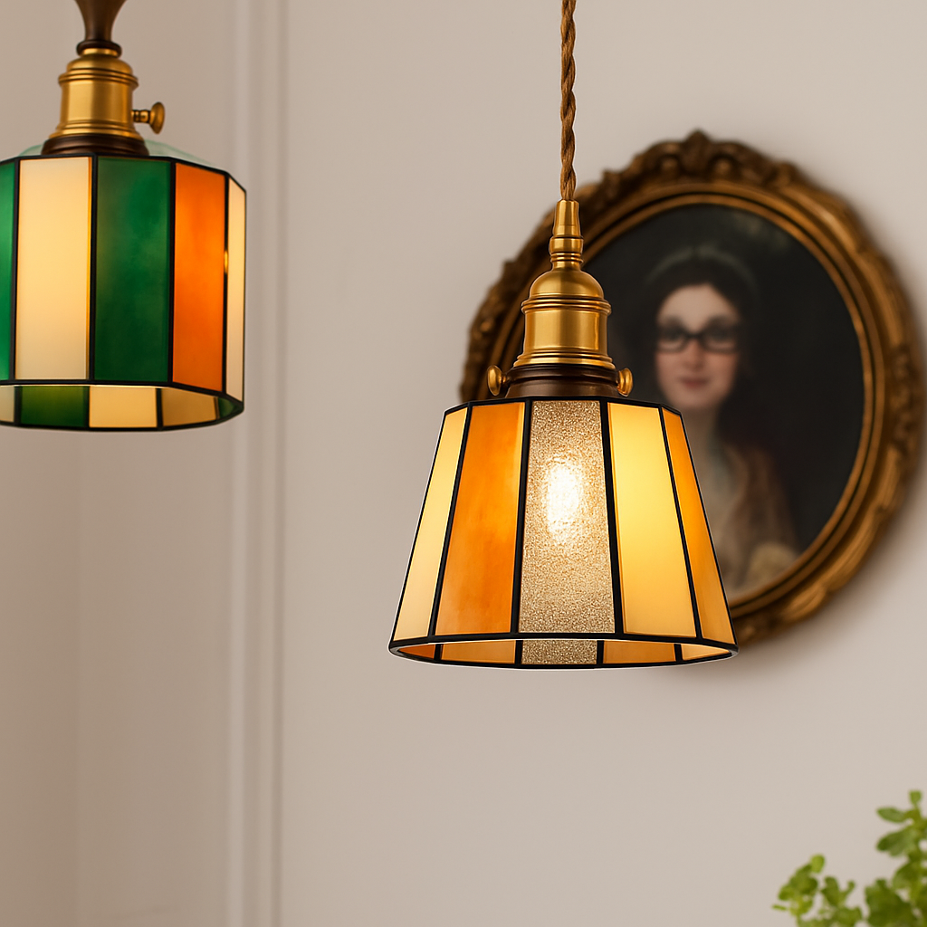 Suspension led vintage style japonais douille cuivre abat-jour verre - vue 6 sur 29
