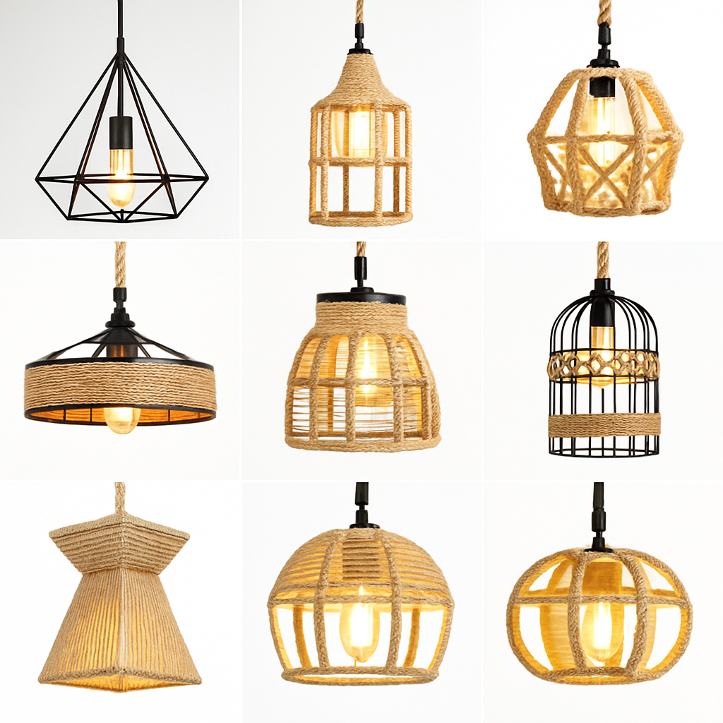 suspension vintage en corde de chanvre et fer pour cafés et bars