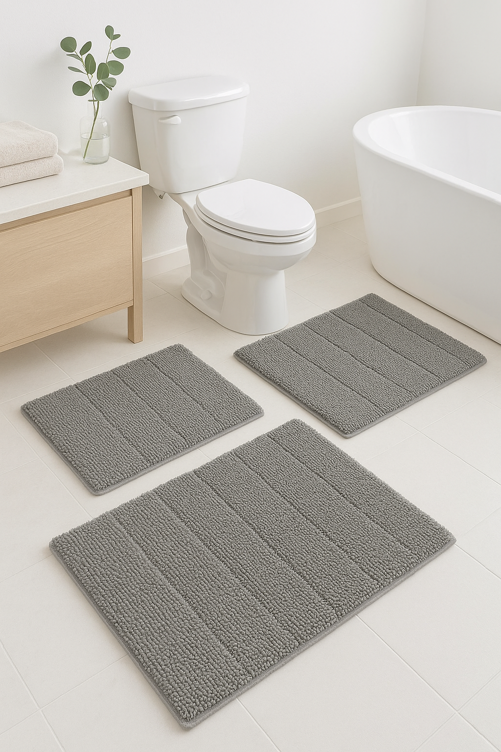 tapis de bain chenille shaggy rayures antidérapant triple - vue 3 sur 2