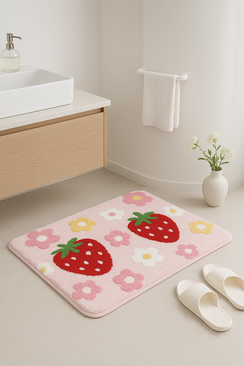 Tapis de bain moelleux motif fraise microfibre rapide - vue 2 sur 2