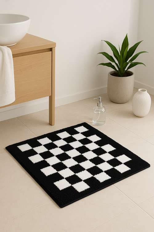 Tapis de bain motif damier moderne microfibre absorbante - vue 2 sur 2
