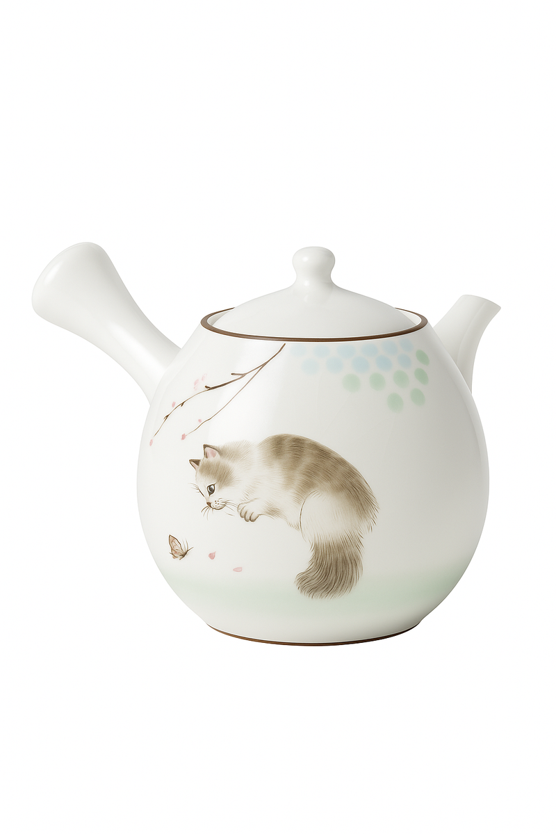 Théière ru kiln artisanale motif chat poignée latérale