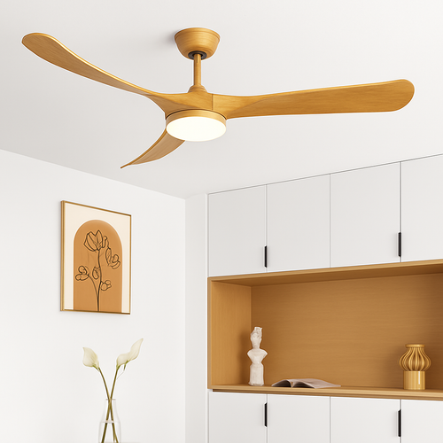 ventilateur de plafond bois naturel de luxe avec led réversible été hiver - vue 3 sur 9