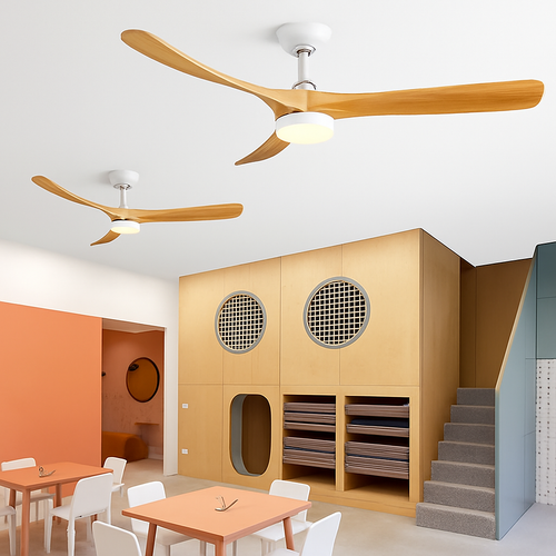 ventilateur de plafond bois naturel de luxe avec led réversible été hiver - vue 4 sur 9