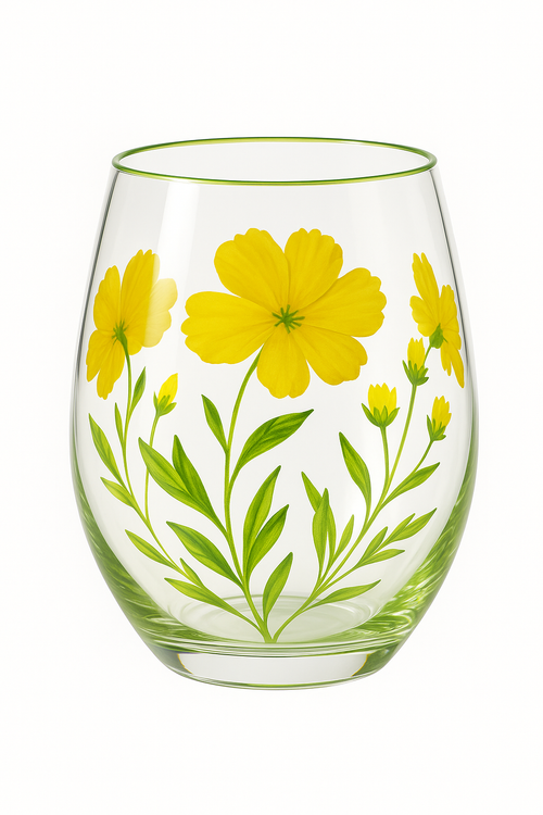 Verre vin haut motifs floraux dessinés lot trois