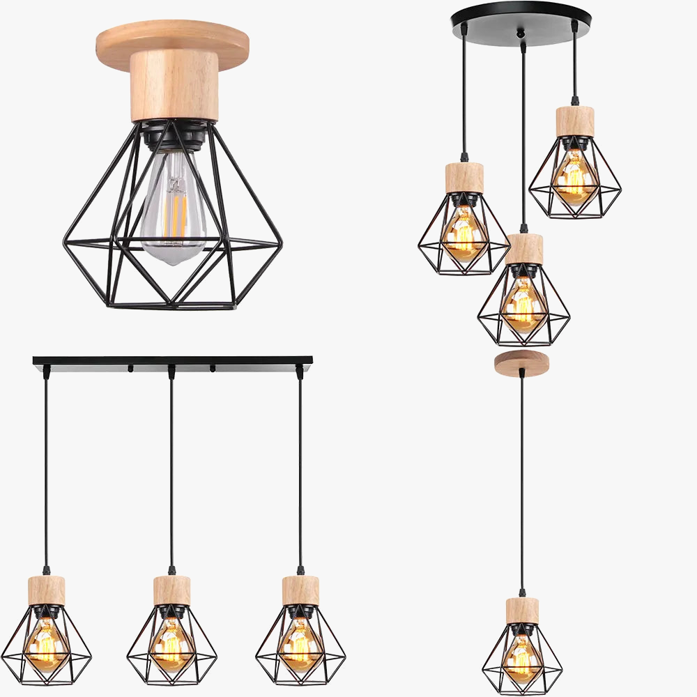 Vintage bois fer Cage suspension lampe 1/3 têtes Loft Mini plafond suspendu éclairage pour salon cuisine Restaurant décoration