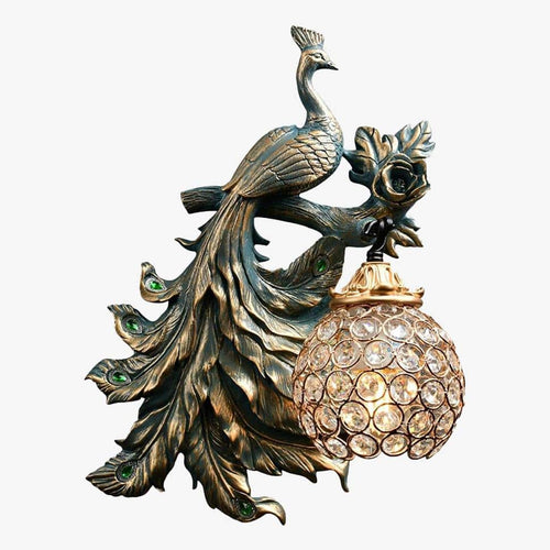 Applique murale vintage LED avec boule en verre et paon en métal Wall