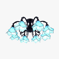 Lustre LED avec lampes en verre en forme de fleurs (bleu, rose ou jaune)