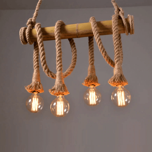 Suspension rustique LED avec support en bambou et cordage Decor