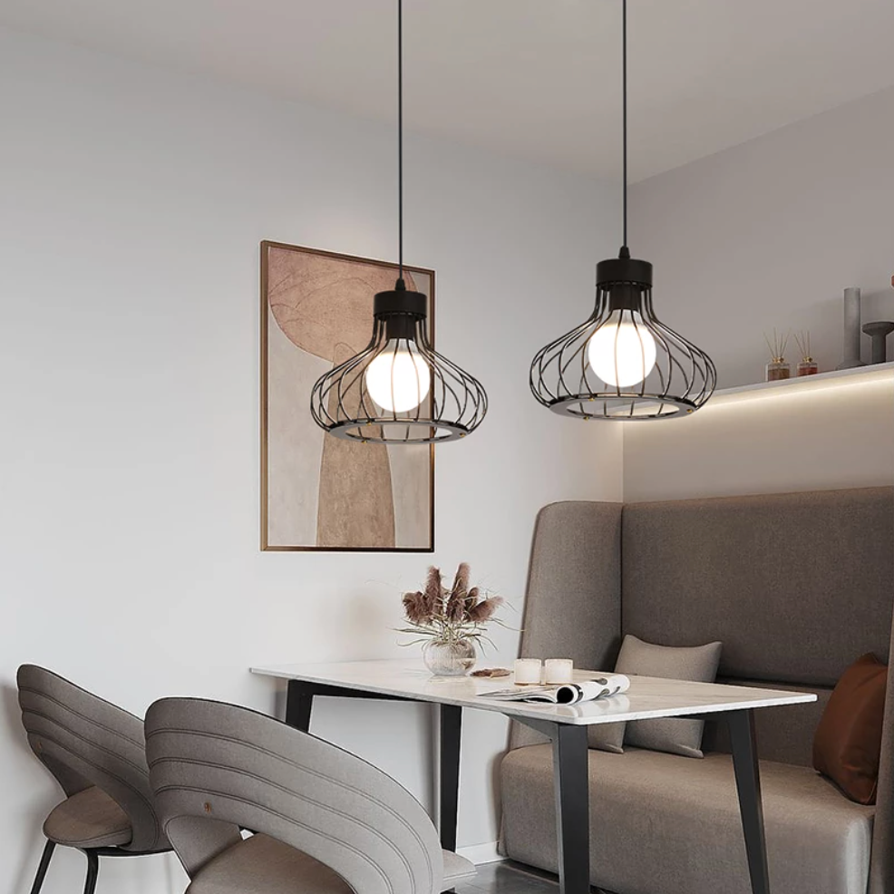 Suspension design industriel avec lampe en cage - vue 3 sur 8