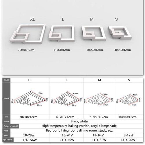 Plafonnier design LED géométrique noir ou blanc (plusieurs tailles)
