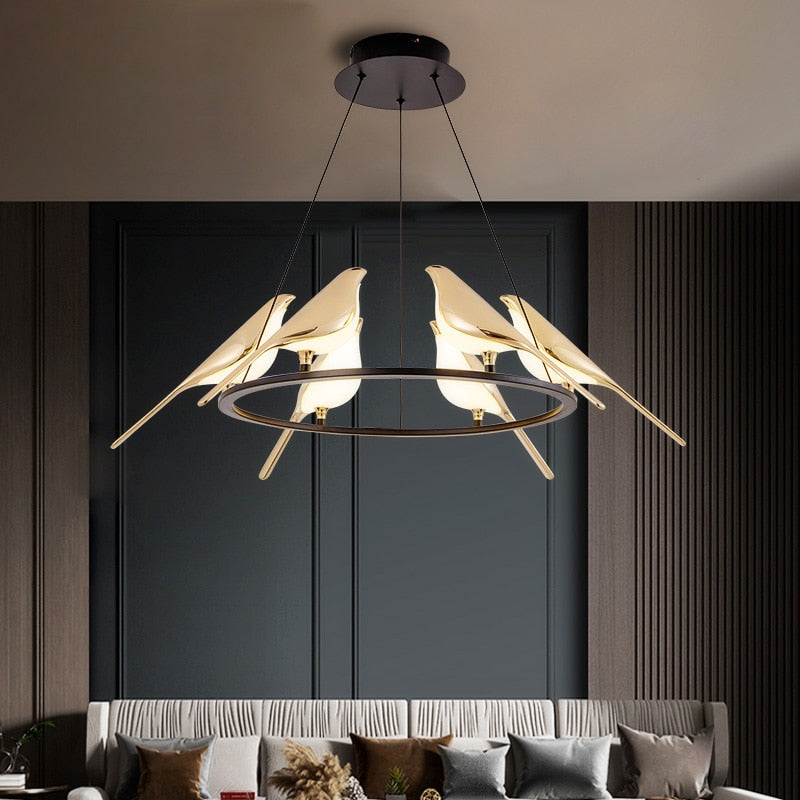 Lustre design LED luxury en forme d'oiseaux dorés Pie - vue 6 sur 9