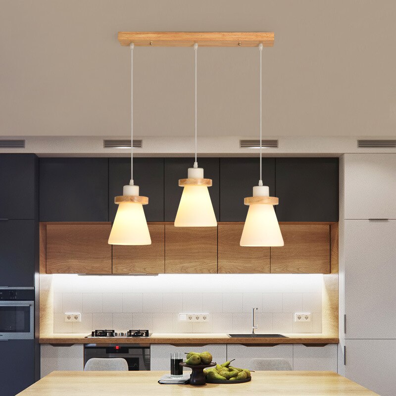 Suspension scandinave LED abat-jour en verre et en bois Kaylie - vue 3 sur 9
