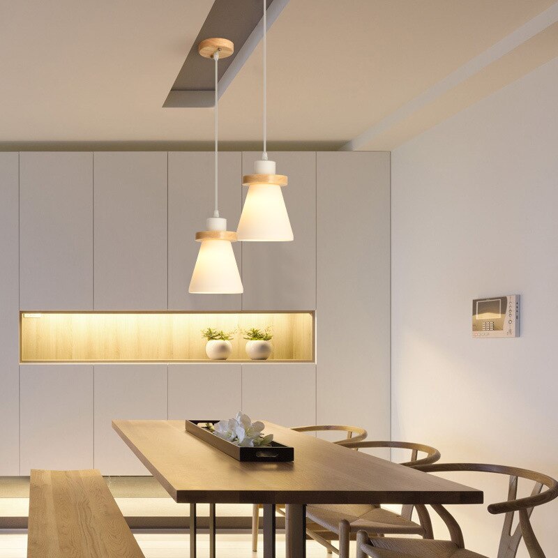 Suspension scandinave LED abat-jour en verre et en bois Kaylie - vue 6 sur 9