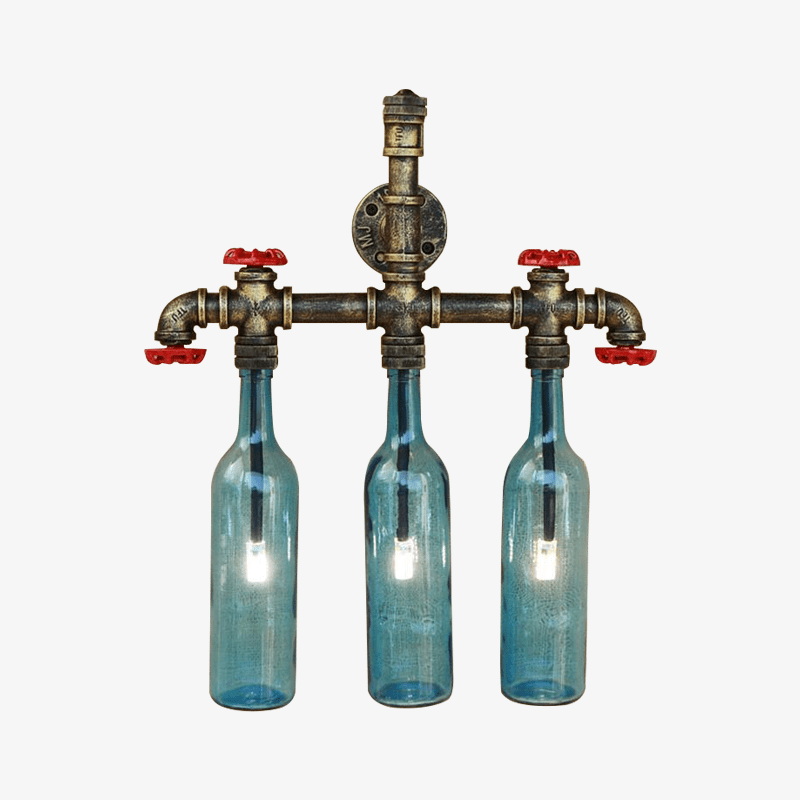 Applique murale avec tuyauterie et bouteilles en verre coloré