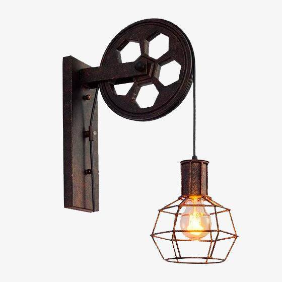 Applique murale rustique poulie avec cage industrielle - vue 2 sur 5