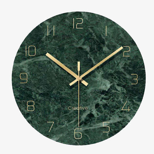 Horloge murale ronde design en verre style marbre vert et détails dorés 30cm
