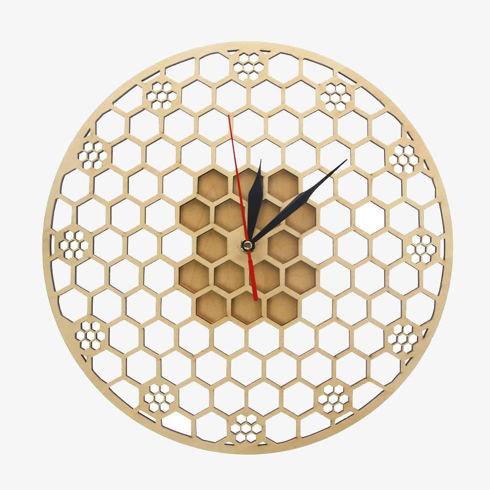 Horloge murale ronde en bois avec hexagones 30cm Honey