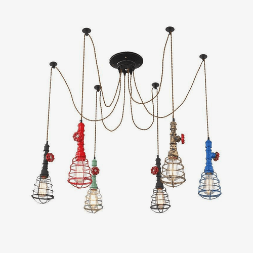 Lustre industriel LED avec plusieurs abat-jours cage en métal coloré - vue 2 sur 14