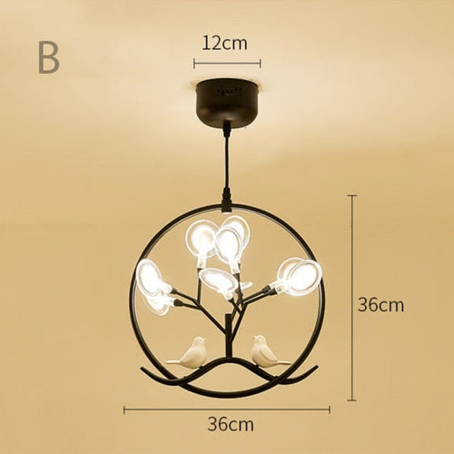 Lustre moderne avec arbre et oiseaux dans anneau Rhym