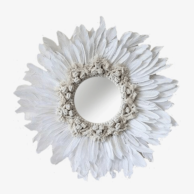 Miroir décoratif mural rond à plumes blanches Modern