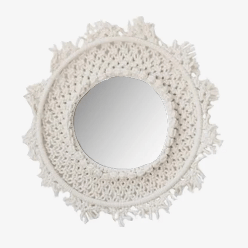 Miroir mural rond en tissu beige Bohemian