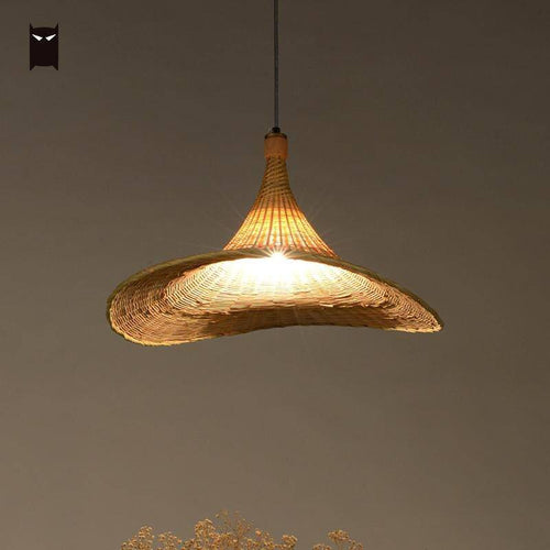 Lustre design en rotin LED avec abat-jour chapeau - vue 3 sur 4