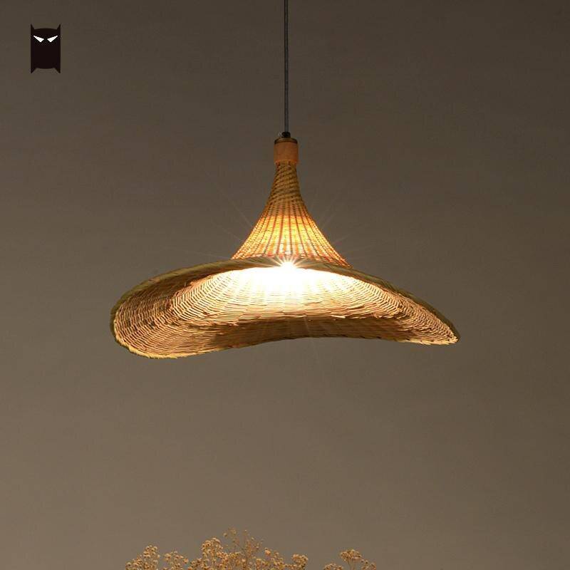 Lustre design en rotin LED avec abat-jour chapeau - vue 3 sur 4