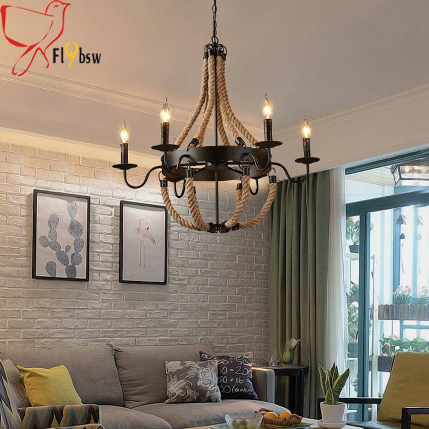 Lustre rustique en métal et cordages avec lampes en flamme - vue 4 sur 7