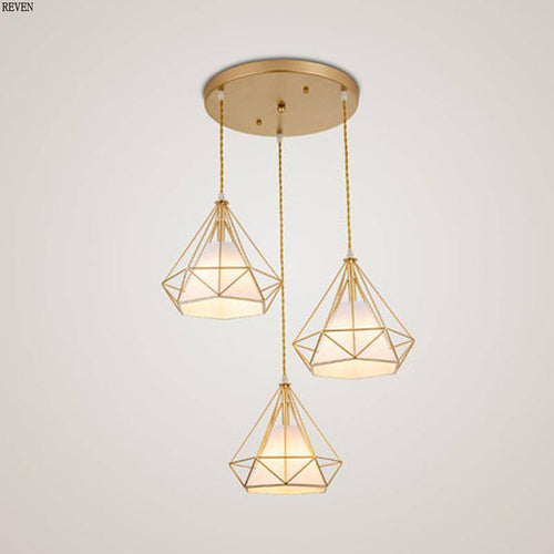 Lustre à suspensions à cages coniques dorées - vue 7 sur 7