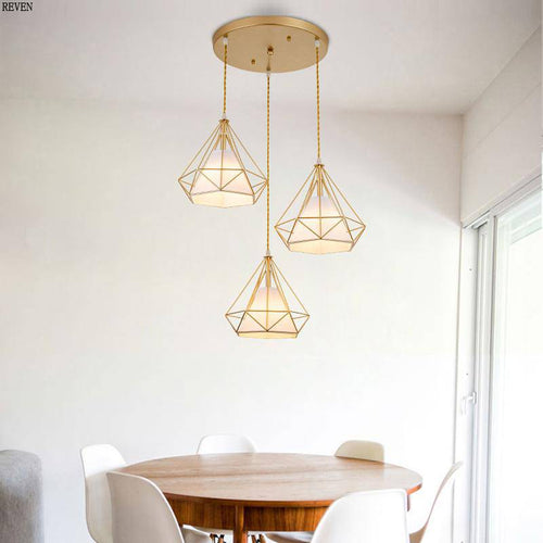 Lustre à suspensions à cages coniques dorées - vue 3 sur 7
