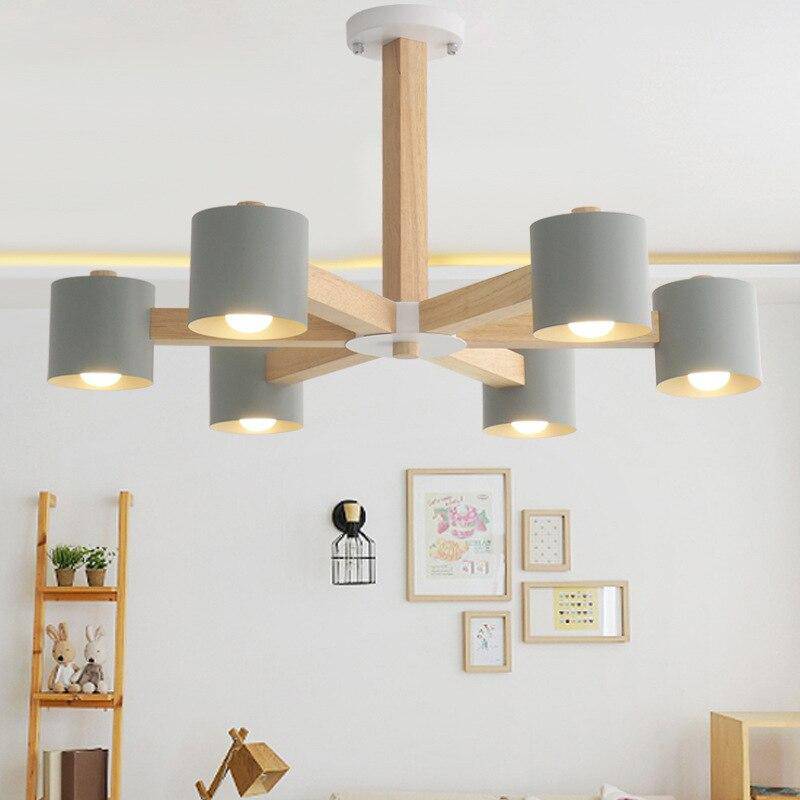 Plafonnier en bois avec plusieurs spots colorés cylindriques - vue 3 sur 8