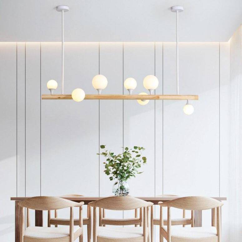 Lustre scandinave LED allongé en bois et boules en verre - vue 2 sur 5