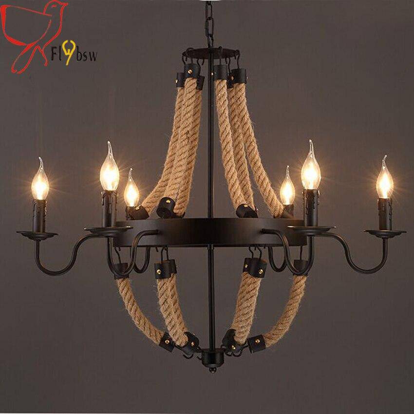 Lustre rustique en métal et cordages avec lampes en flamme - vue 2 sur 7