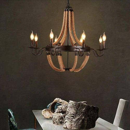 Lustre rustique en métal et cordages avec lampes en flamme - vue 6 sur 7