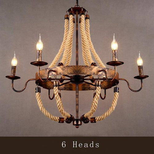 Lustre rustique en métal et cordages avec lampes en flamme - vue 4 sur 7