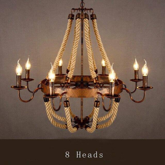 Lustre rustique en métal et cordages avec lampes en flamme - vue 6 sur 7