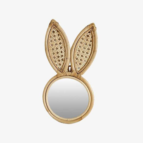Miroir mural rond en rotin avec oreilles de lapin