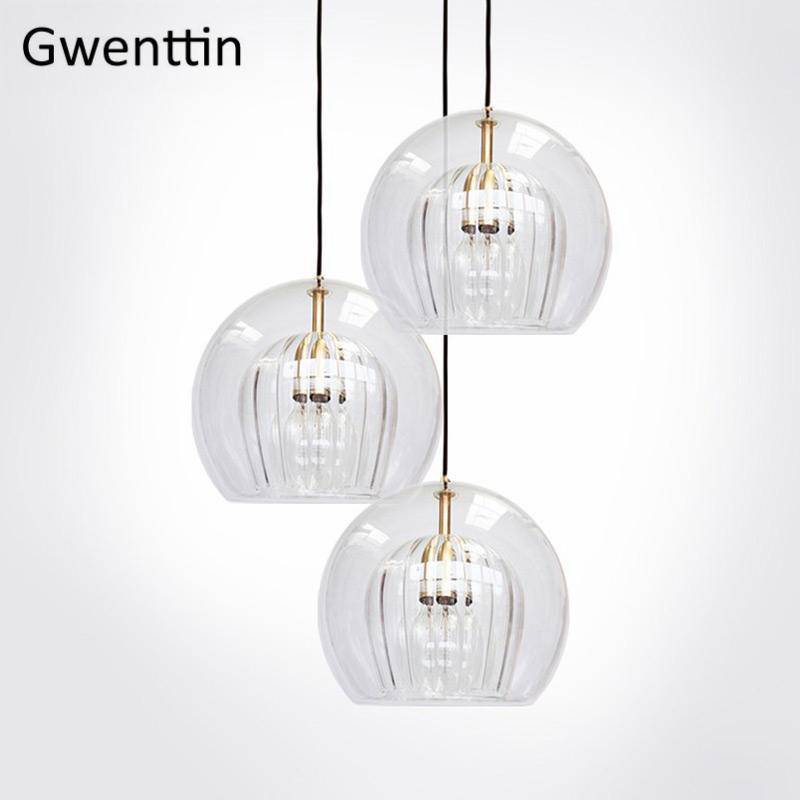 Suspension LED boule en verre avec tige dorée Modern - vue 6 sur 12