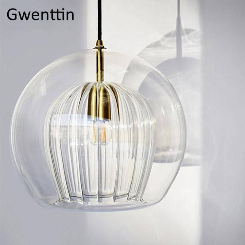 Suspension LED boule en verre avec tige dorée Modern - vue 5 sur 12