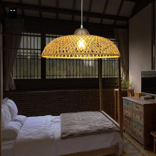 Suspension rustique LED avec abat-jour arrondi en rotin style Asian - vue 3 sur 3