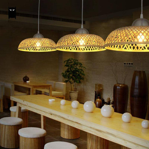 Suspension rustique LED avec abat-jour arrondi en rotin style Asian - vue 4 sur 3
